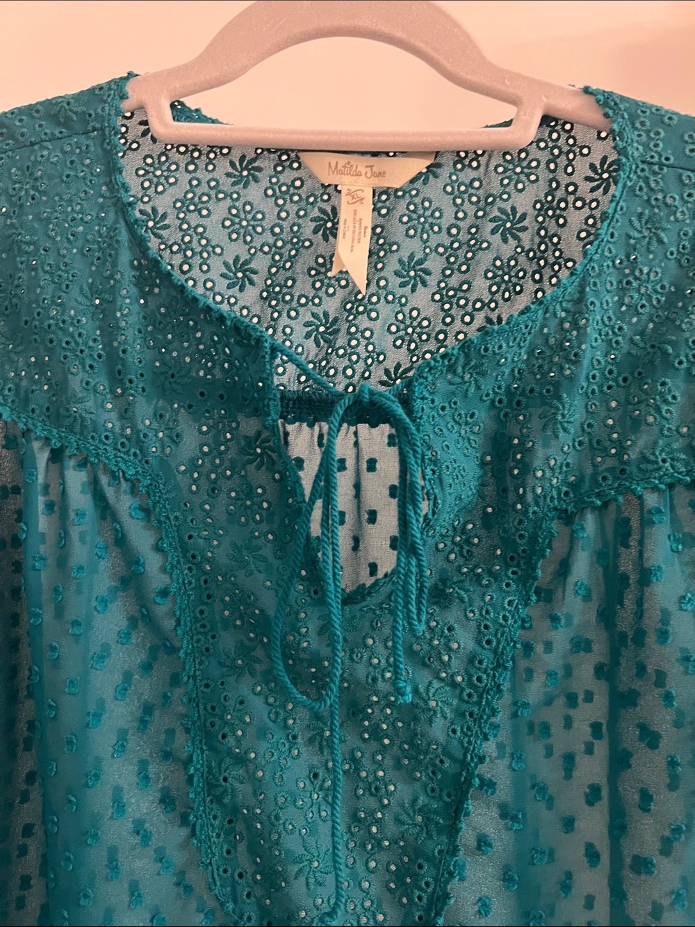 Matilda Jane Teal Swiss Dot Tie-Neck Peasant Blouse - Picture 4 of 13